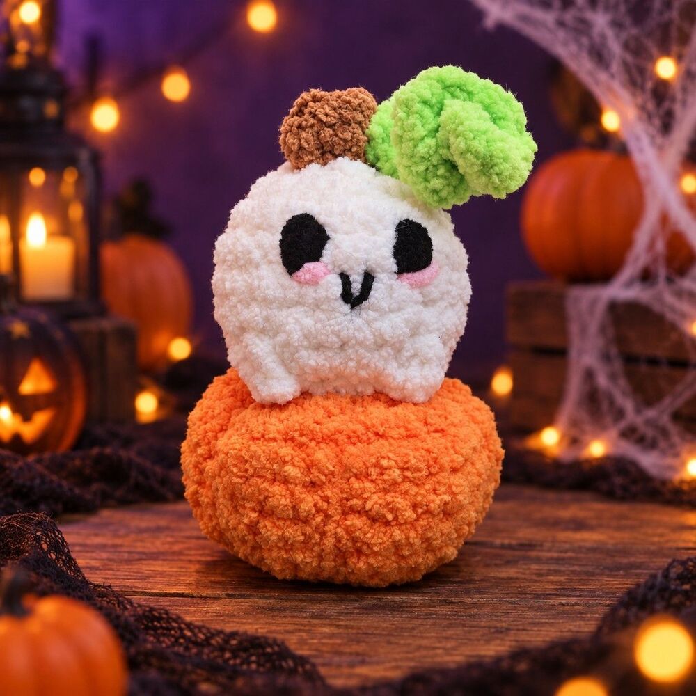 New Handmade Crochet Ghost on Pumpkin Halloween Amigurumi Plush 5" Cute Kawaii
